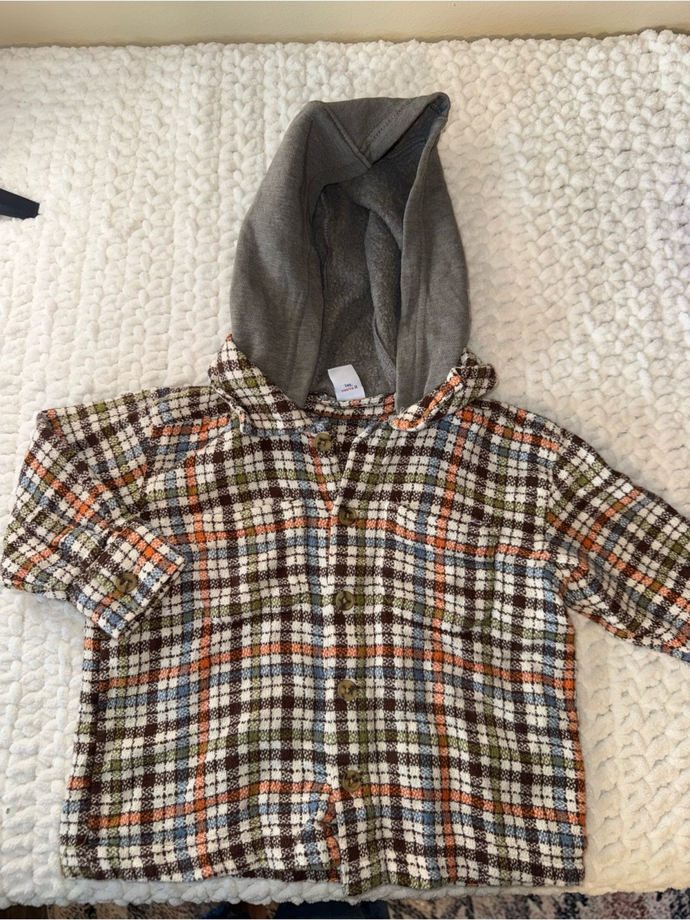 Kids Plaid Hooded Button-Up Shirt Jacket - Gray Hood